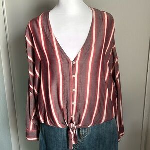 Express Women’s Tie Front Cropped Button Up Striped Blouse
